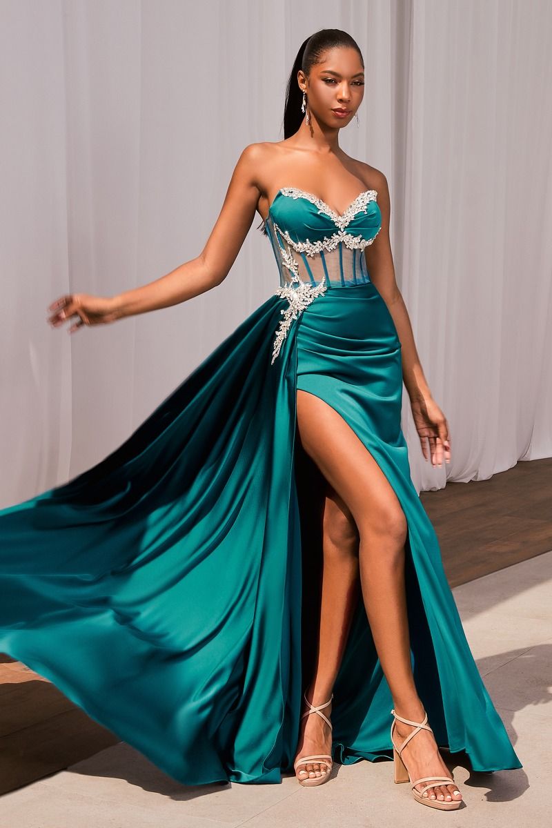 The Chanel Beaded Satin Fitted Gown with Embellishment Sage / 4 The Chanel Beaded Satin Fitted Gown with Embellishment Sage / 4
