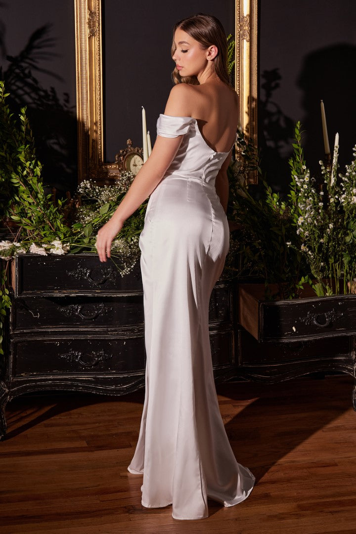 The Camila White Off Shoulder Satin Corset Slit Gown