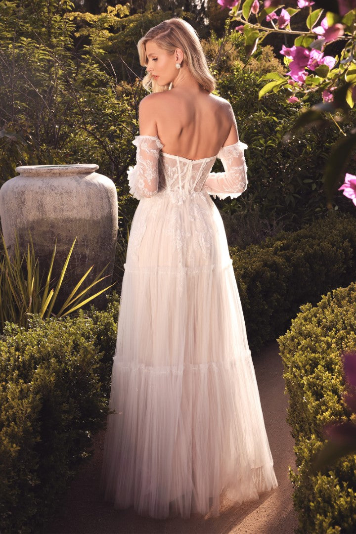 The Ellie Embroidered long white strapless Gown