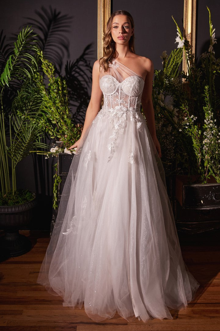The Leah Floral Embroidered Long Off-White One Shoulder Gown with A-line slit skirt