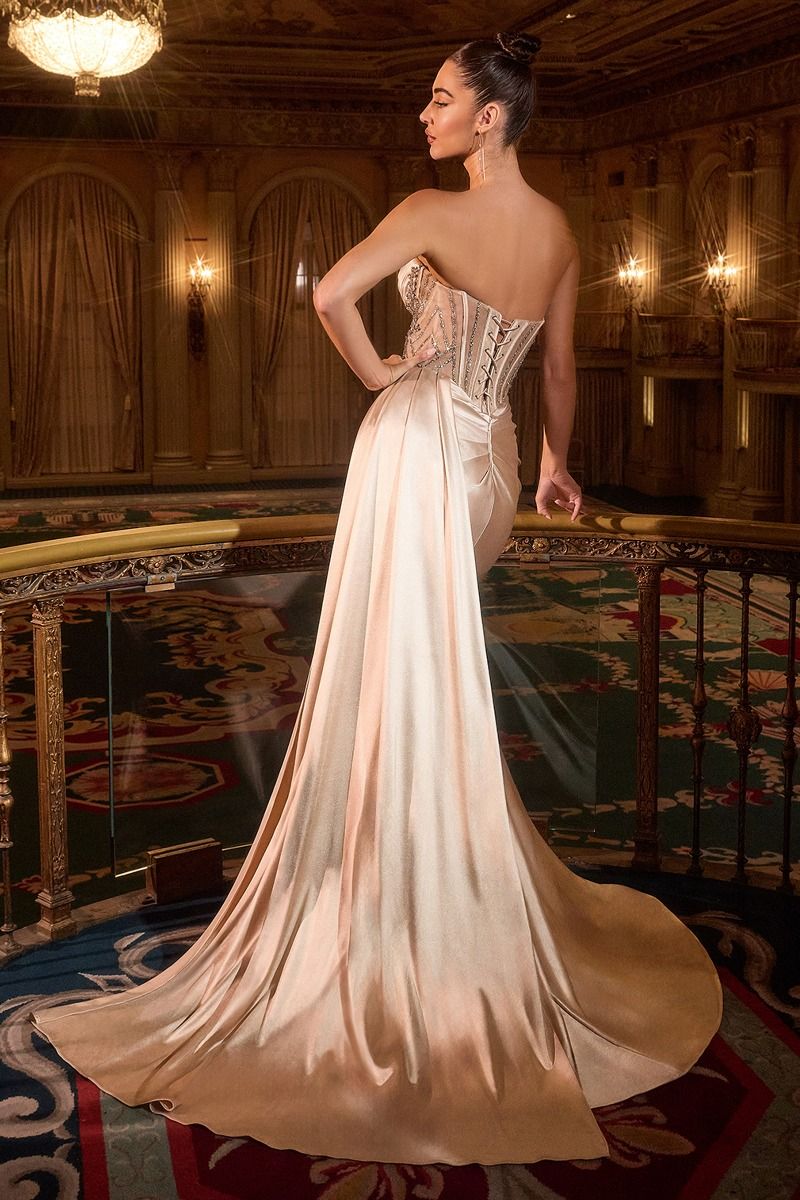 The Idris Beaded Satin Strapless Slit Gown by Ladivine KV1131