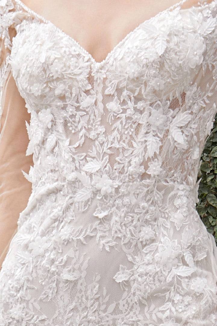 The Delilah floral embroidered white long sleeve lace gown with fitted skirt