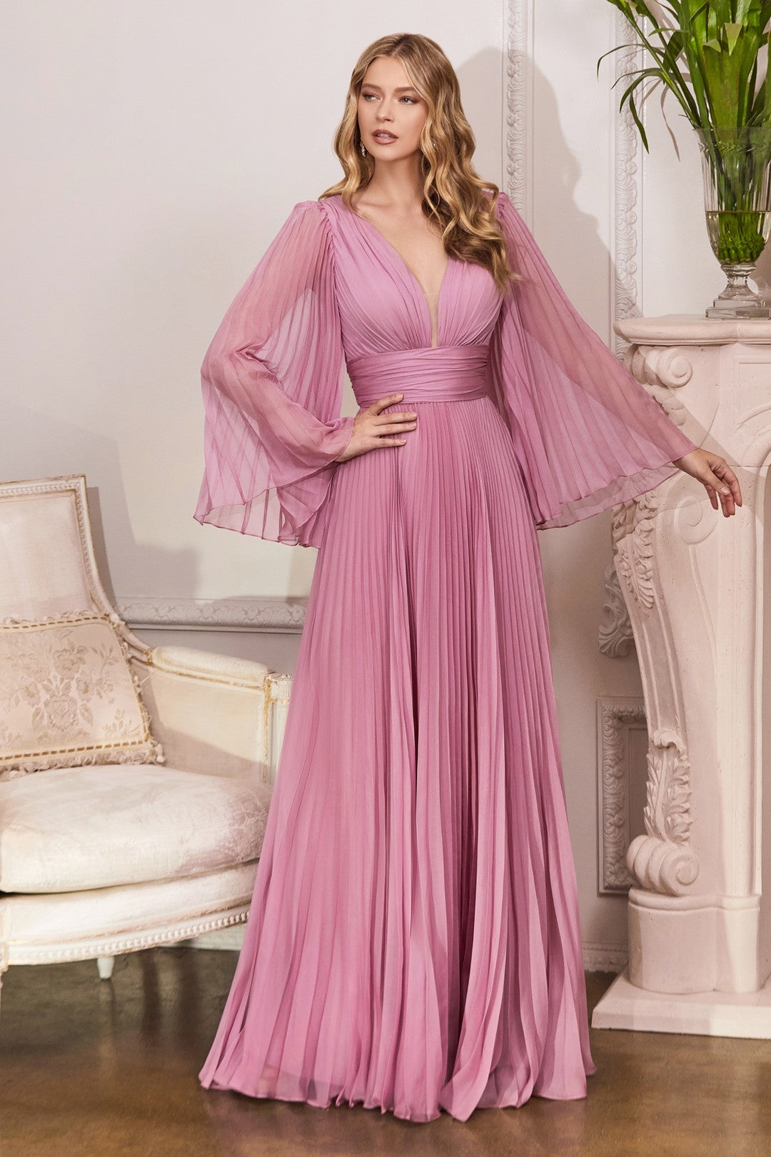 The Andréa Pleated Belle Sleeve Gown