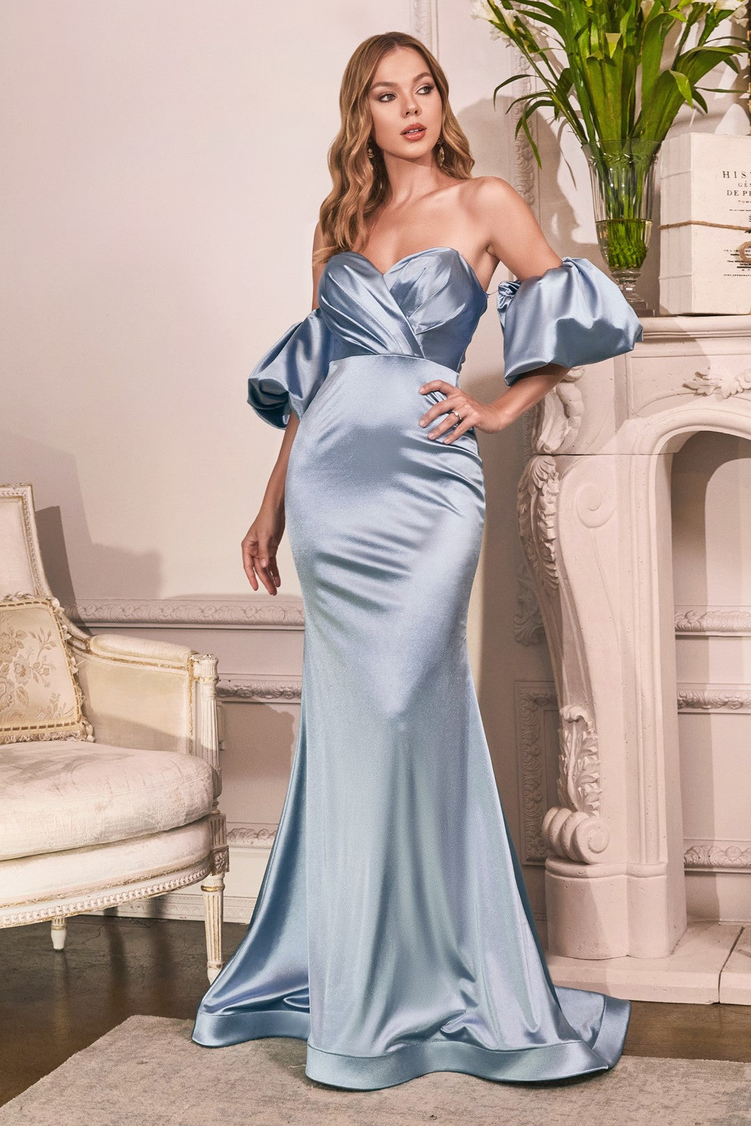 The Donita Fitted Puff Sleeve Satin Gown