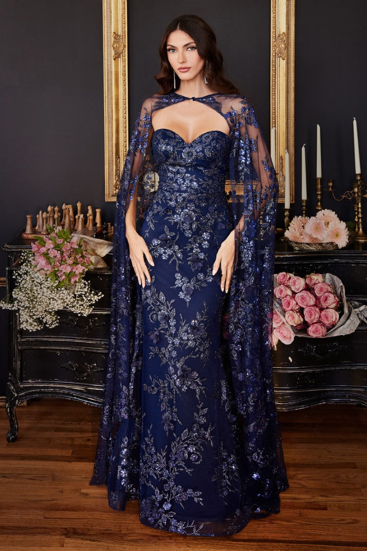 The Francesca Glitter Fitted Strapless Cape Gown
