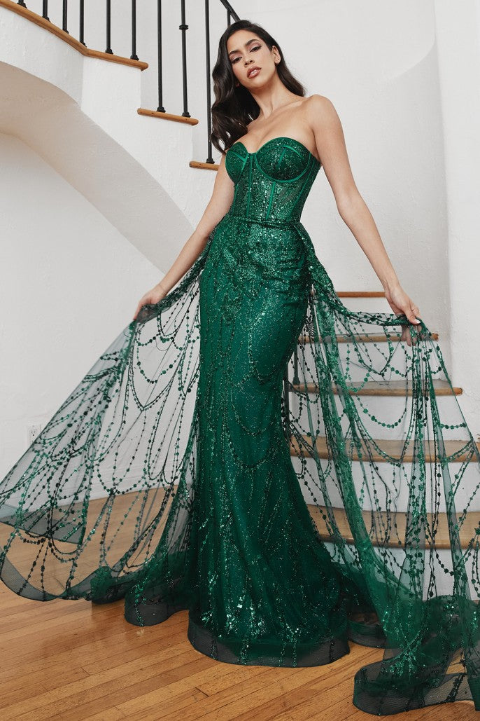 The Jaylani Glitter Fitted Strapless Overskirt Gown - Emerald / 2