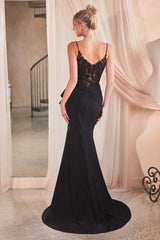 The Anabel Fitted Applique V-Neck Peplum Slit Gown