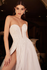 The Gabrielle Bead Embellished White Long Strapless Gown