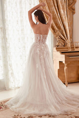 The Elena 3D Floral appliqué long strapless off white gown with A-line slit skirt