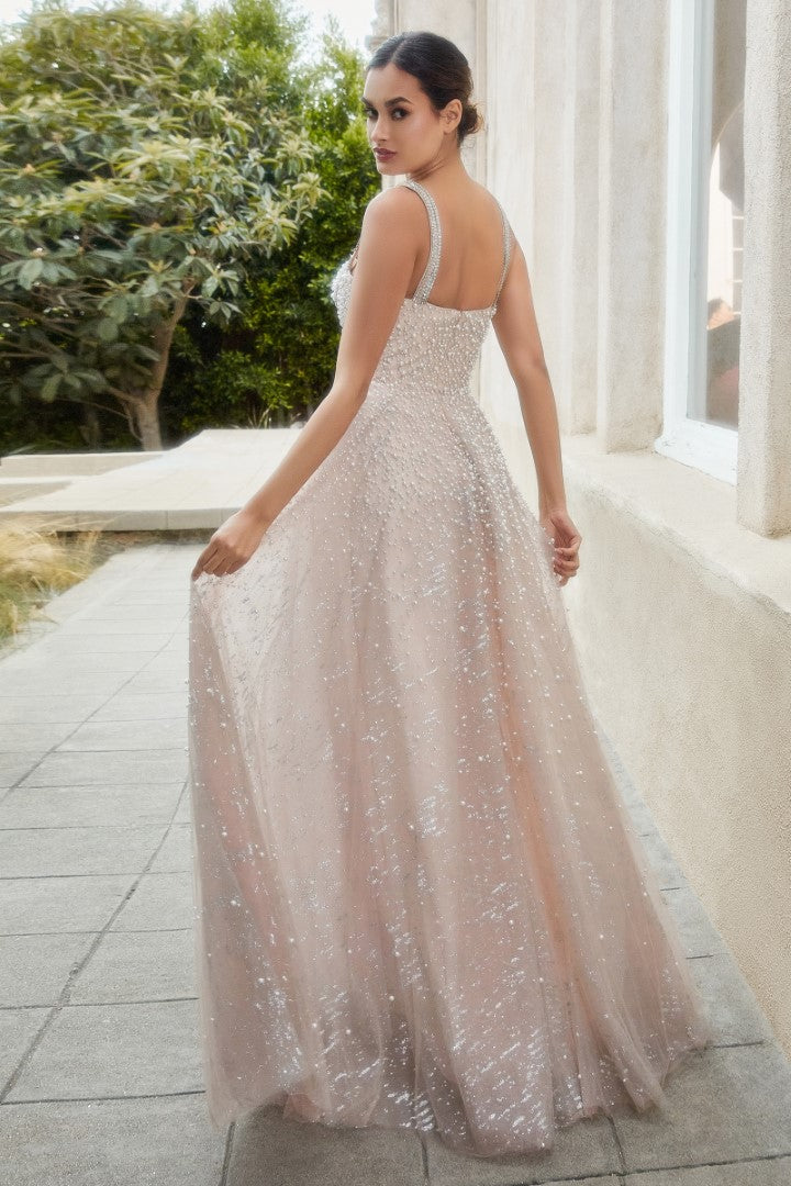 The Lily Pearl Beaded Long Off shoulder Gown with Fitted Mermaid Skirt