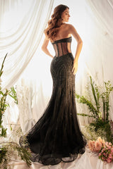The Skylar crystal beaded applique long strapless dress with fitted mermaid skirt