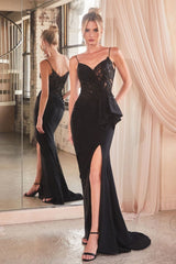 The Anabel Fitted Applique V-Neck Peplum Slit Gown