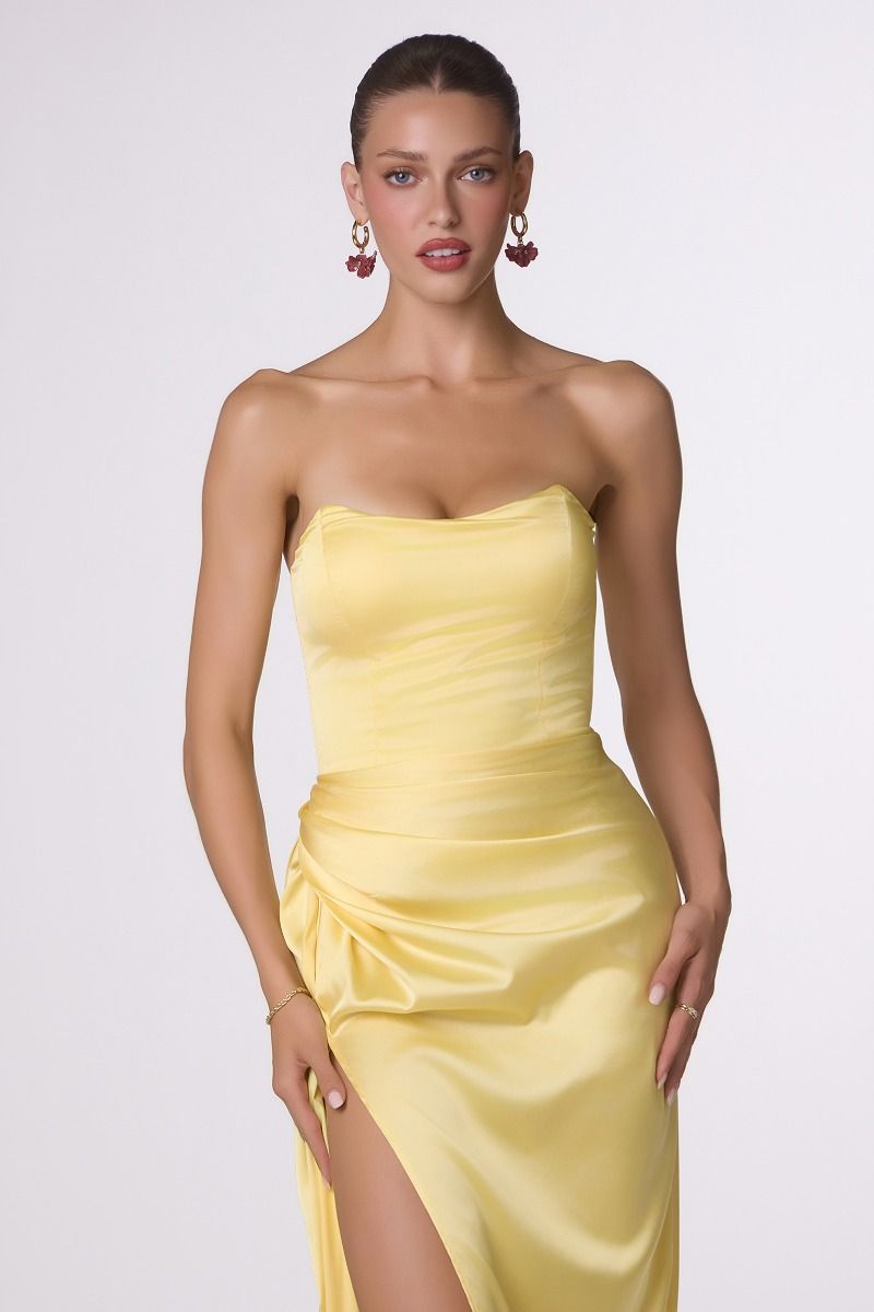 The Eloise Satin Fitted Strapless Slit Gown by Amoris T215