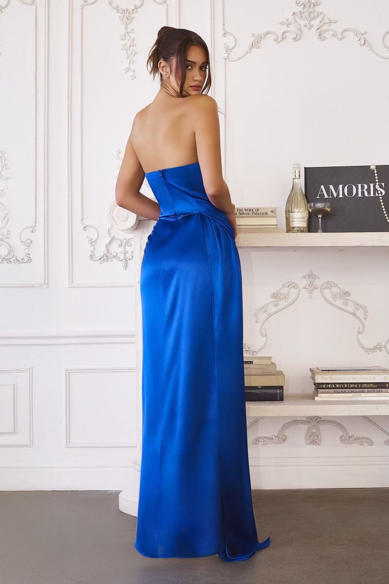 The Eloise Satin Fitted Strapless Slit Gown by Amoris T215