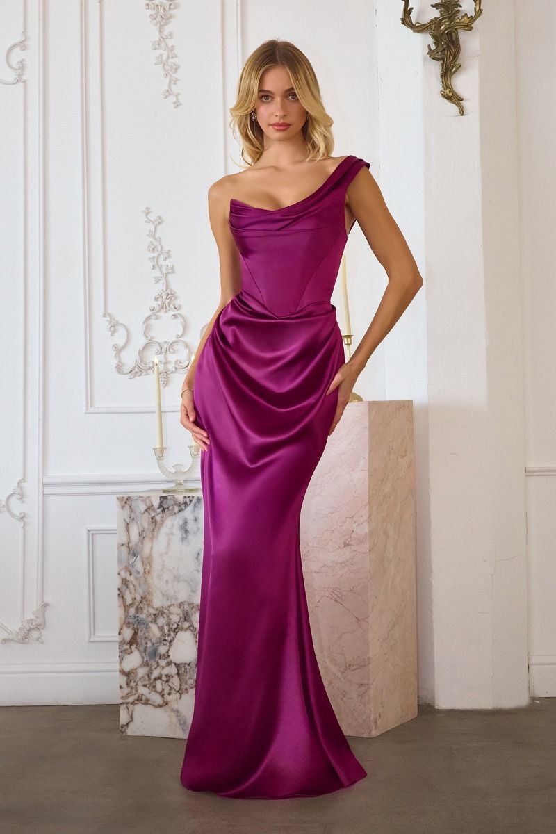 The Bridget Satin Fitted One Shoulder Gown by Amoris T727