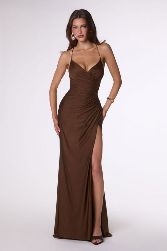 The Matilda Satin Fitted V-Neck Slit Gown by Amoris T102