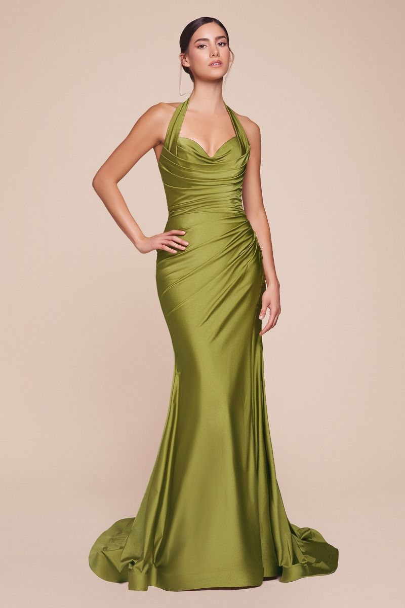 The Lynell Satin Fitted Long Halter Slit Dress by Ladivine CD796