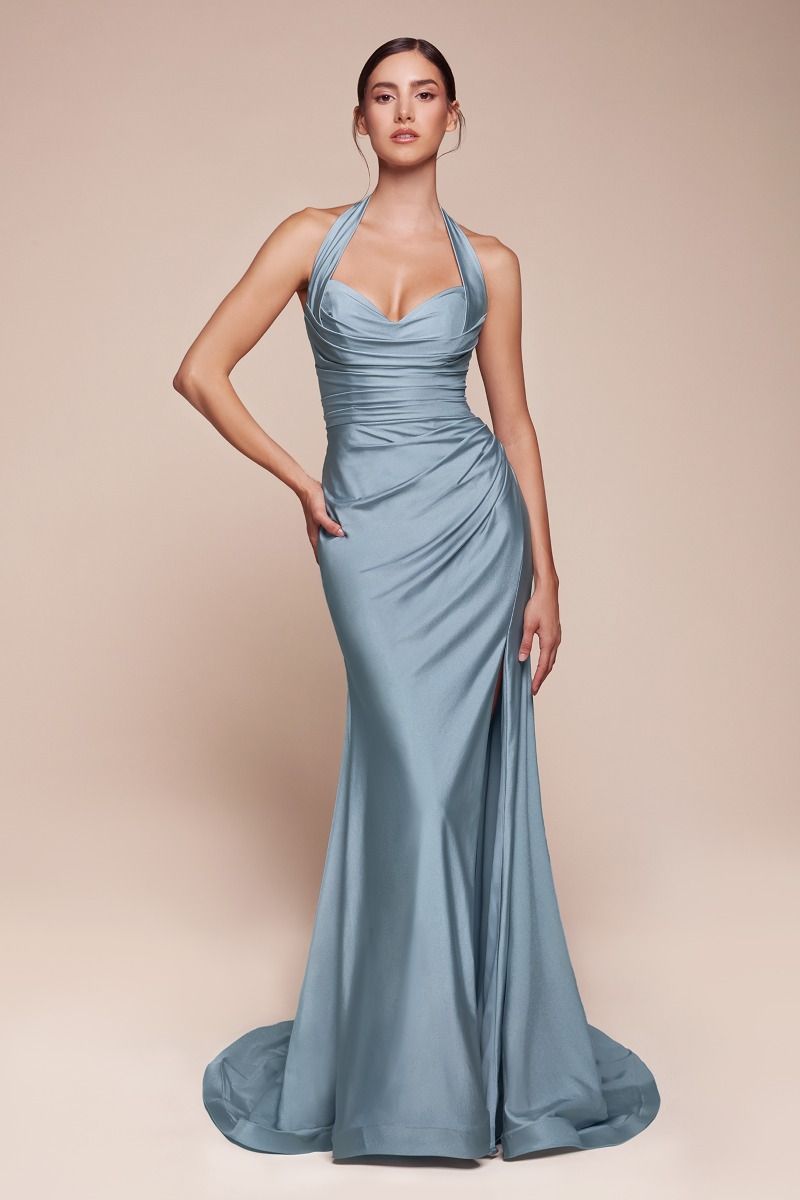 The Lynell Satin Fitted Long Halter Slit Dress by Ladivine CD796