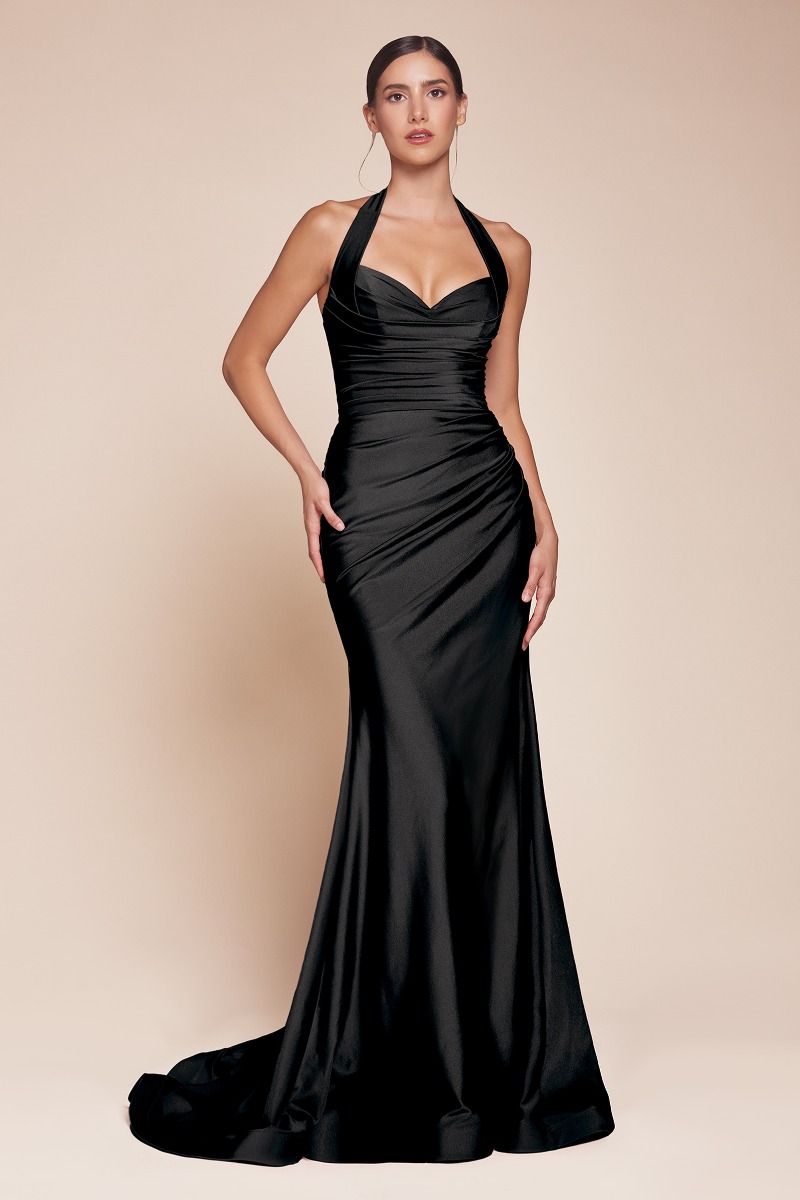 The Lynell Satin Fitted Long Halter Slit Dress by Ladivine CD796