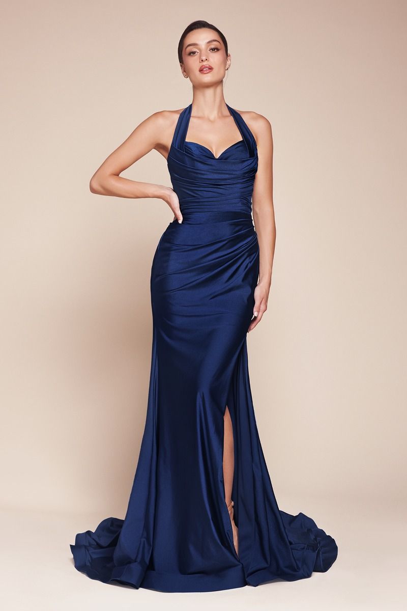 The Lynell Satin Fitted Long Halter Slit Dress by Ladivine CD796