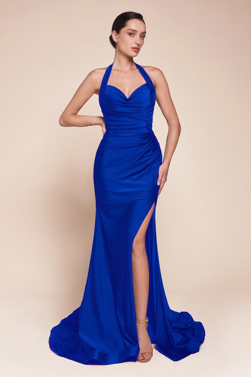 The Lynell Satin Fitted Long Halter Slit Dress by Ladivine CD796