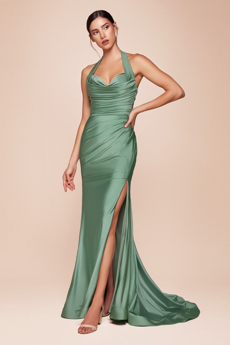 The Lynell Satin Fitted Long Halter Slit Dress by Ladivine CD796