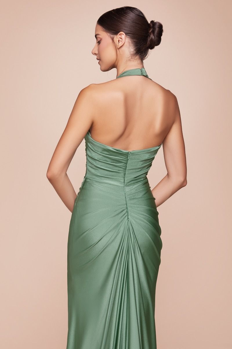 The Lynell Satin Fitted Long Halter Slit Dress by Ladivine CD796