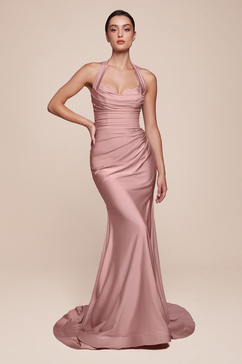 The Lynell Satin Fitted Long Halter Slit Dress by Ladivine CD796