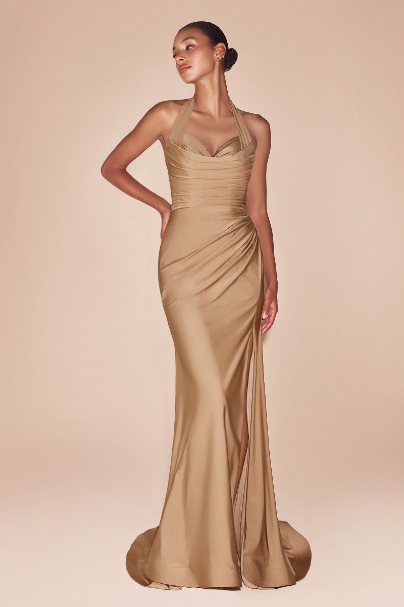 The Lynell Satin Fitted Long Halter Slit Dress by Ladivine CD796