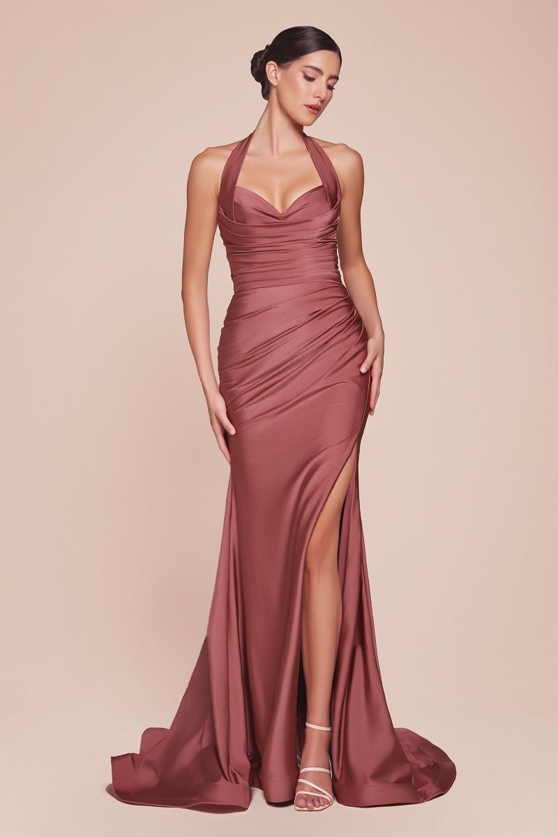 The Lynell Satin Fitted Long Halter Slit Dress by Ladivine CD796