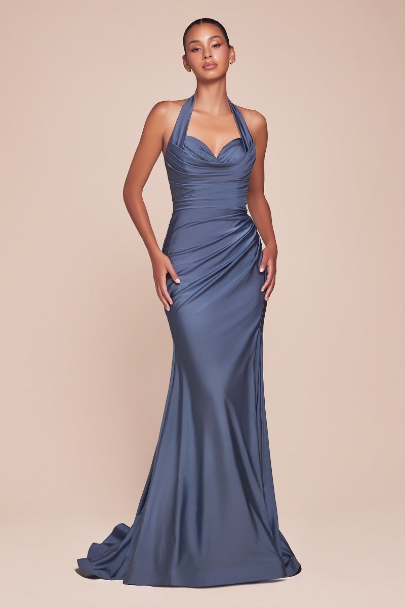 The Lynell Satin Fitted Long Halter Slit Dress by Ladivine CD796