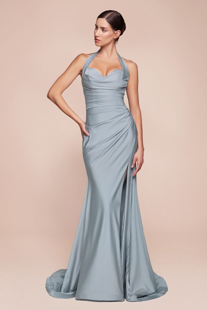 The Lynell Satin Fitted Long Halter Slit Dress by Ladivine CD796
