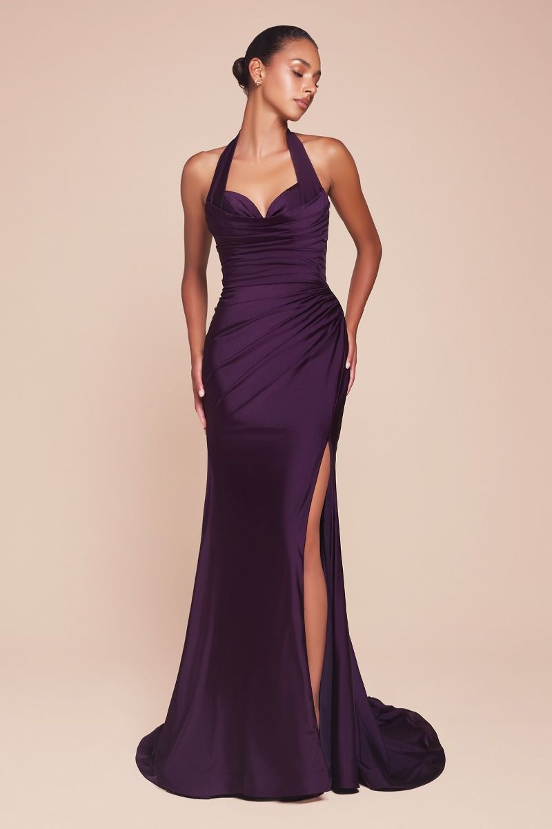 The Lynell Satin Fitted Long Halter Slit Dress by Ladivine CD796