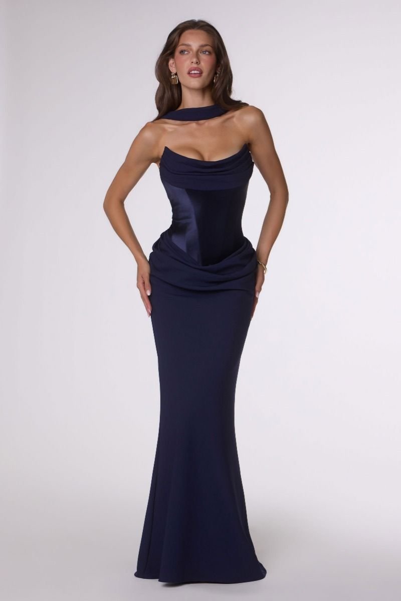 The Althea Crepe Fitted Strapless Scarf Gown by Amoris T732
