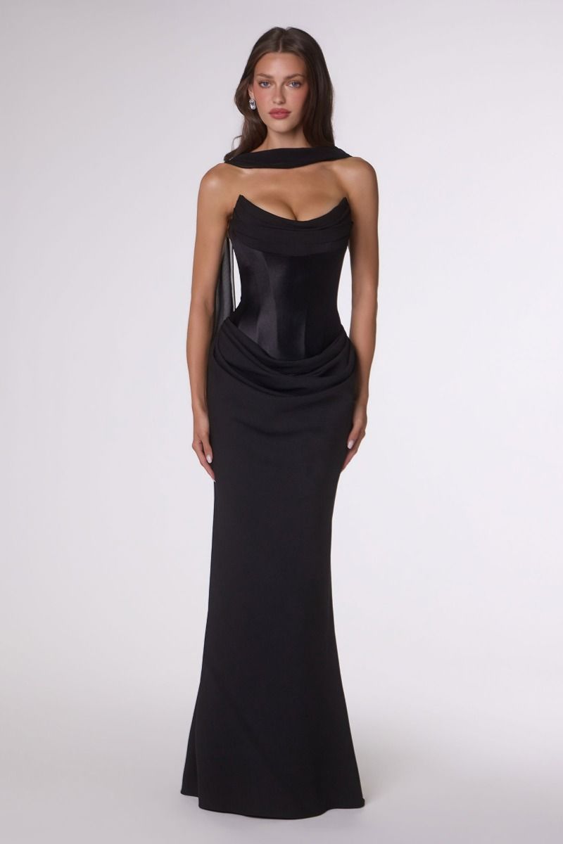 The Althea Crepe Fitted Strapless Scarf Gown by Amoris T732