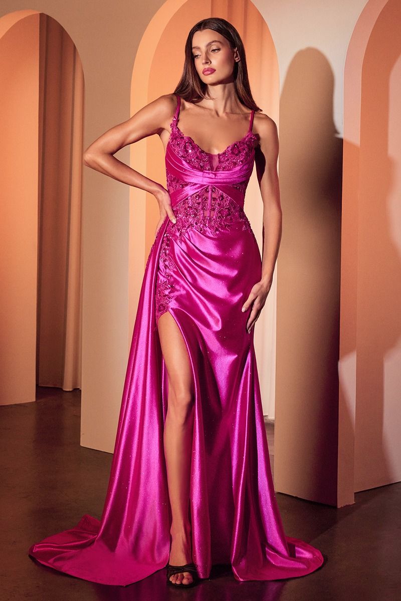 The Zya Fitted Satin & Lace Evening Gown