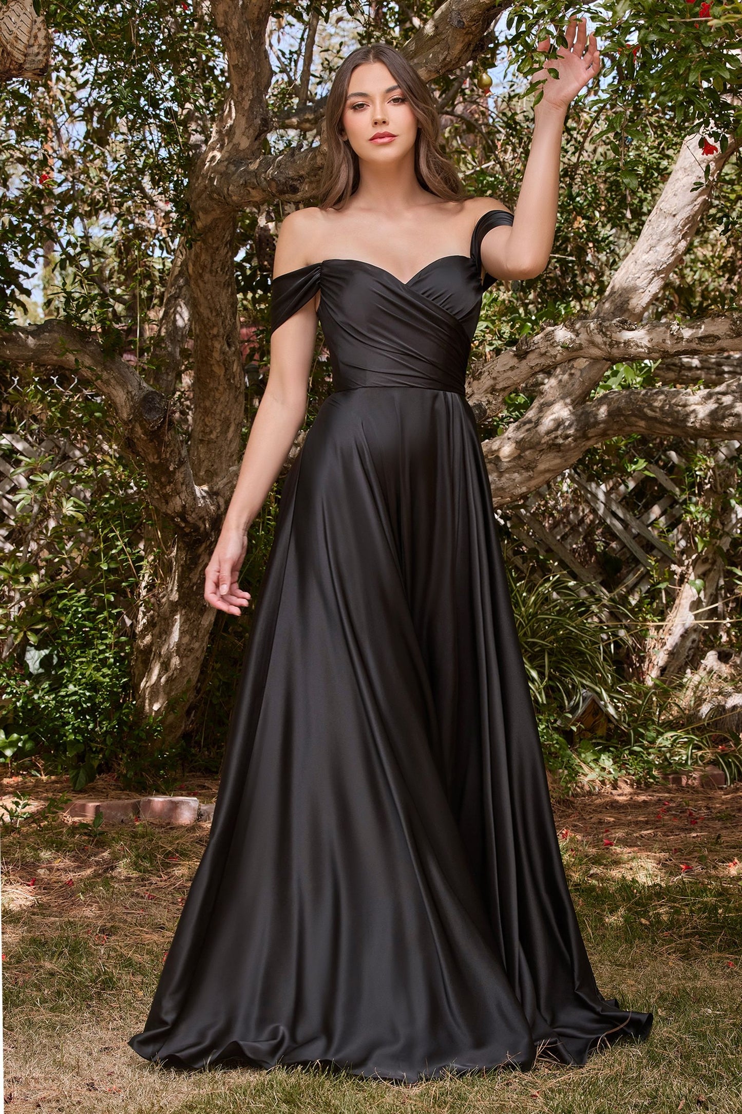 The Quinn Long Off Shoulder A-line Satin Dress