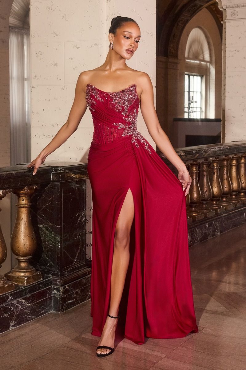 Beaded Satin Strapless Slit Gown by Ladivine CD689