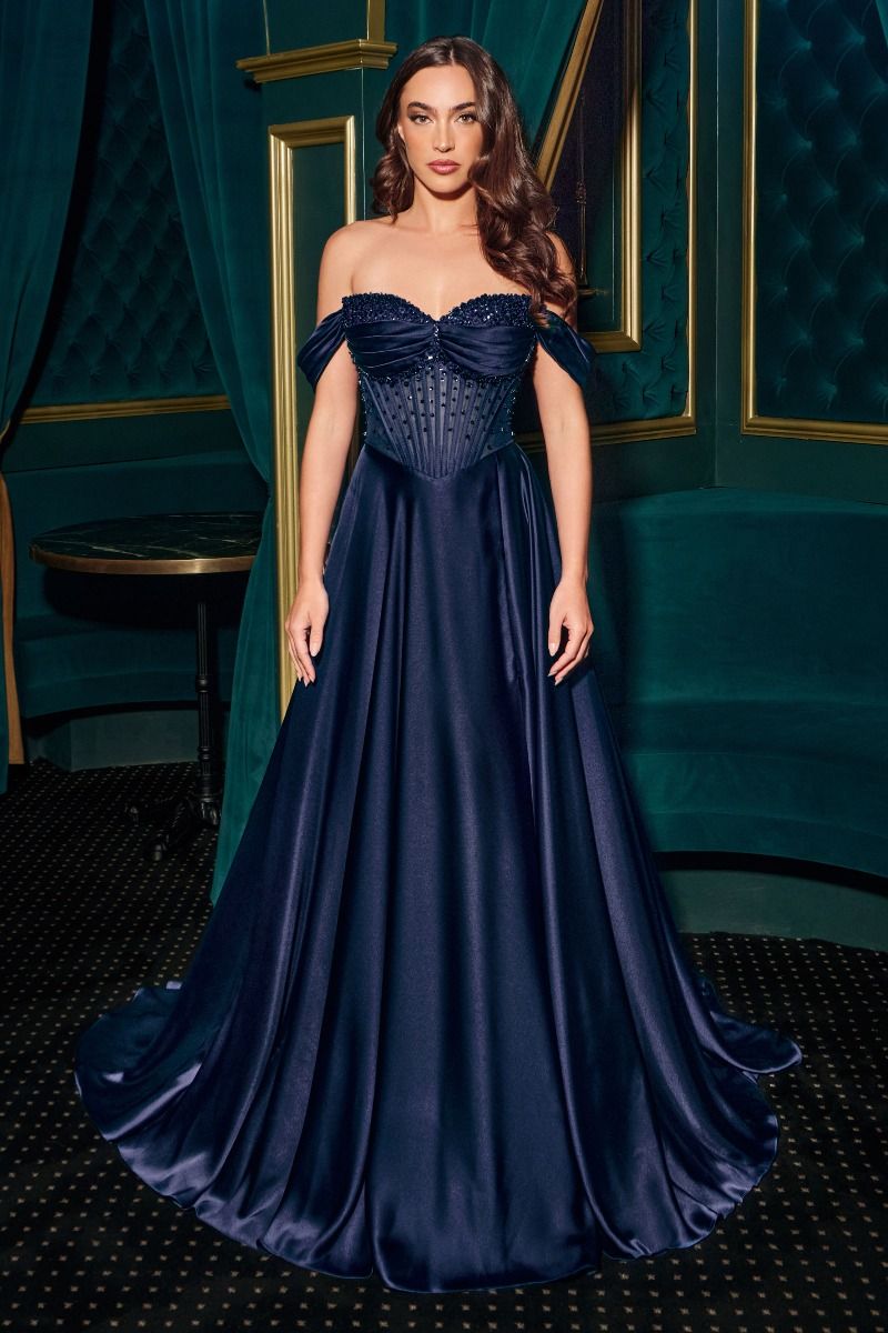 The Gracie Satin Off Shoulder A-line Slit Gown by Ladivine