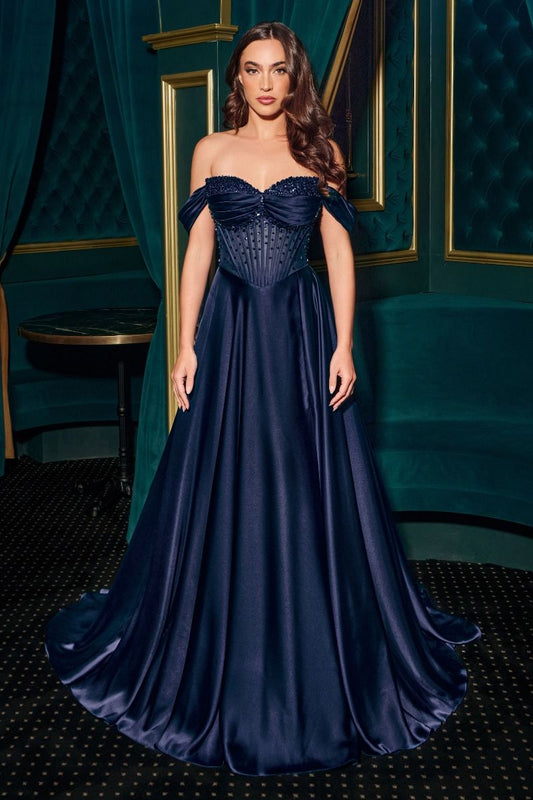The Gracie Satin Off Shoulder A-line Slit Gown by Ladivine