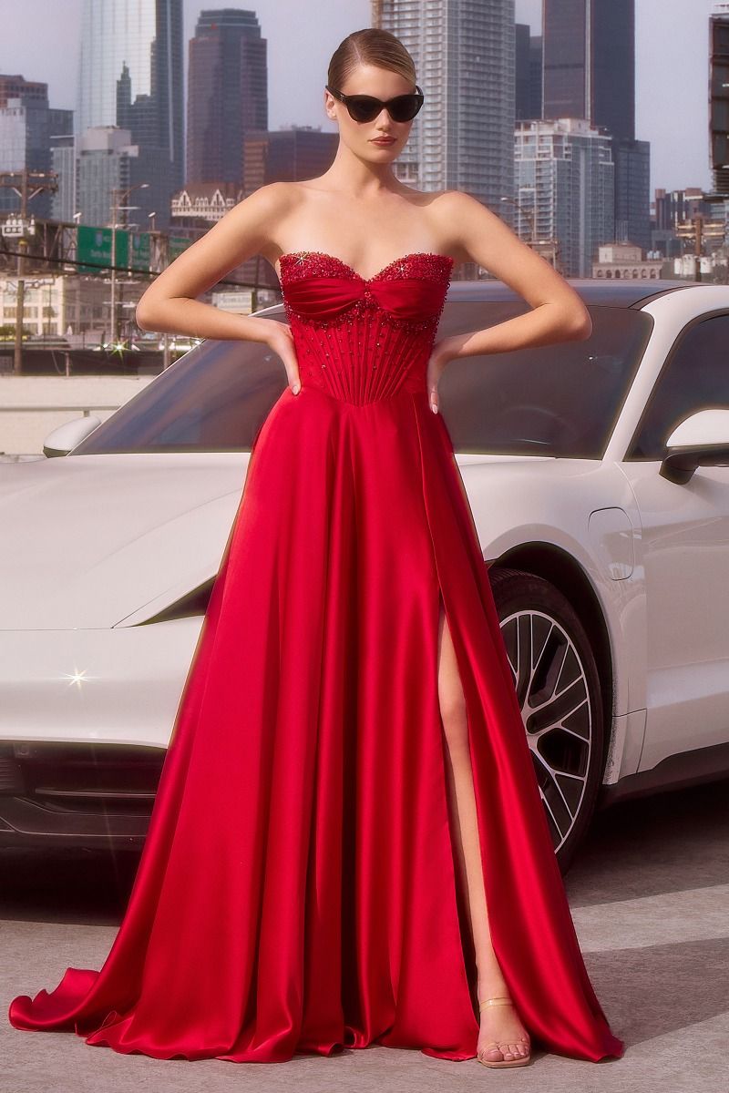The Gracie Satin Off Shoulder A-line Slit Gown by Ladivine