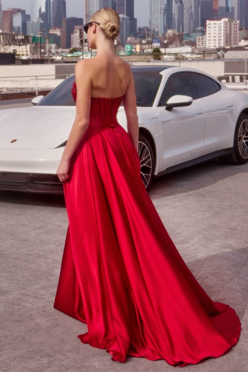 The Gracie Satin Off Shoulder A-line Slit Gown by Ladivine