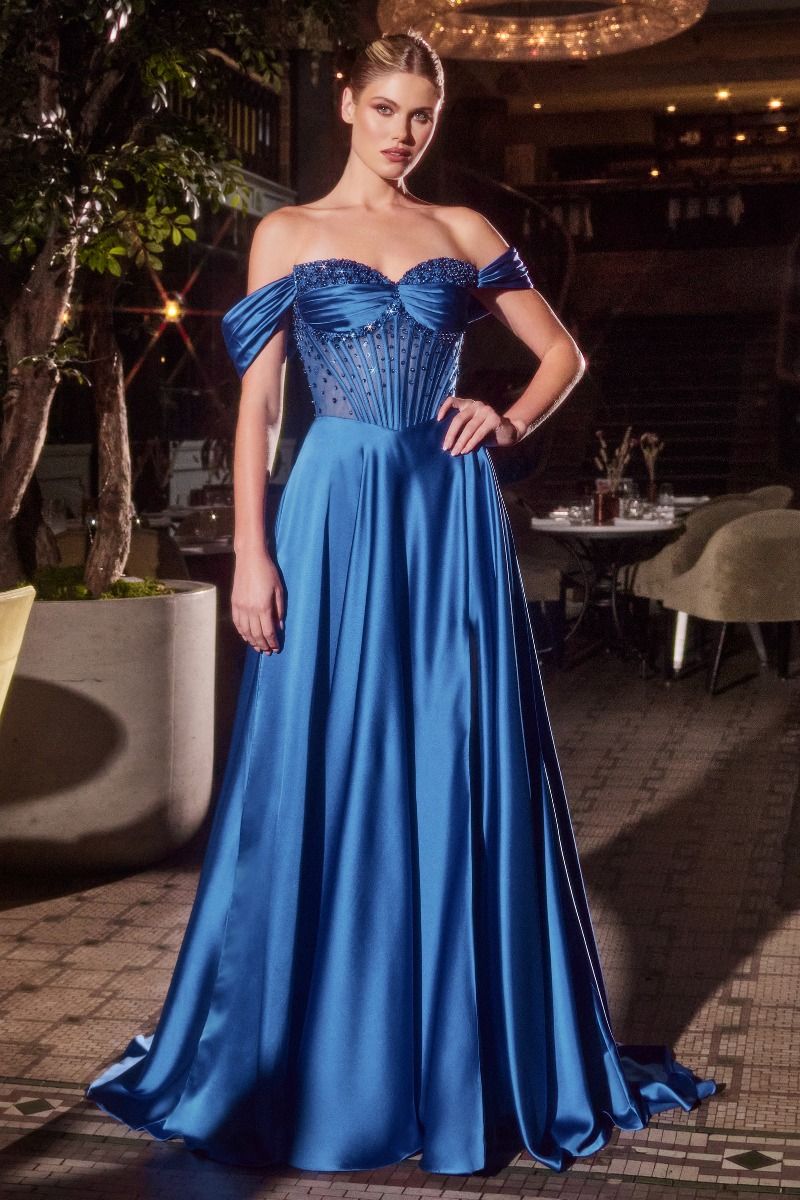 The Gracie Satin Off Shoulder A-line Slit Gown by Ladivine