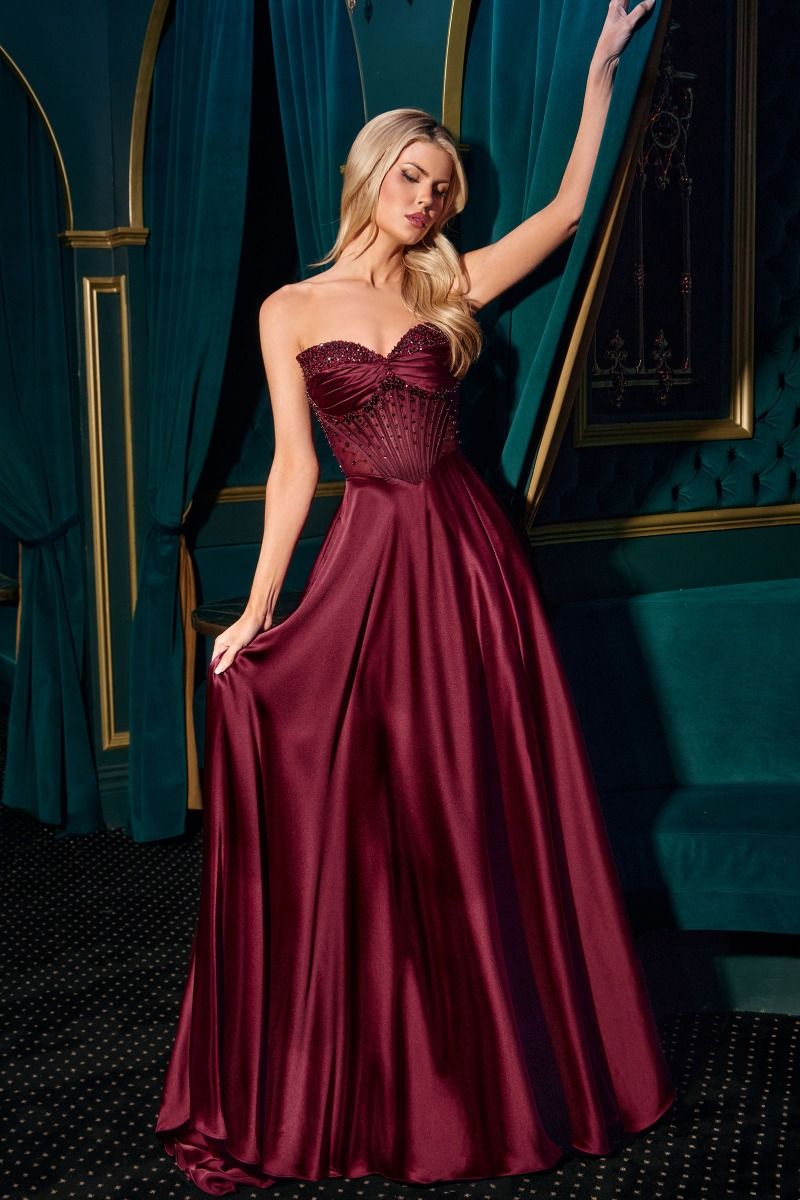 The Gracie Satin Off Shoulder A-line Slit Gown by Ladivine