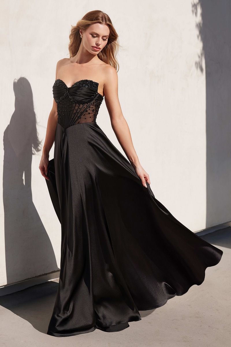The Gracie Satin Off Shoulder A-line Slit Gown by Ladivine
