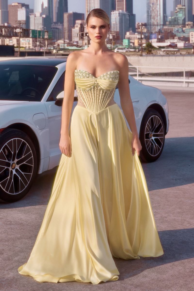 The Gracie Satin Off Shoulder A-line Slit Gown by Ladivine