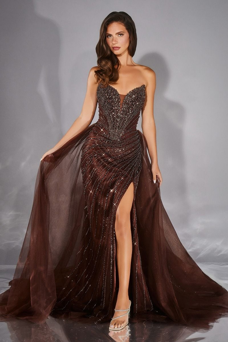 The Alvia Beaded Strapless Overskirt Gown by Ladivine CC492