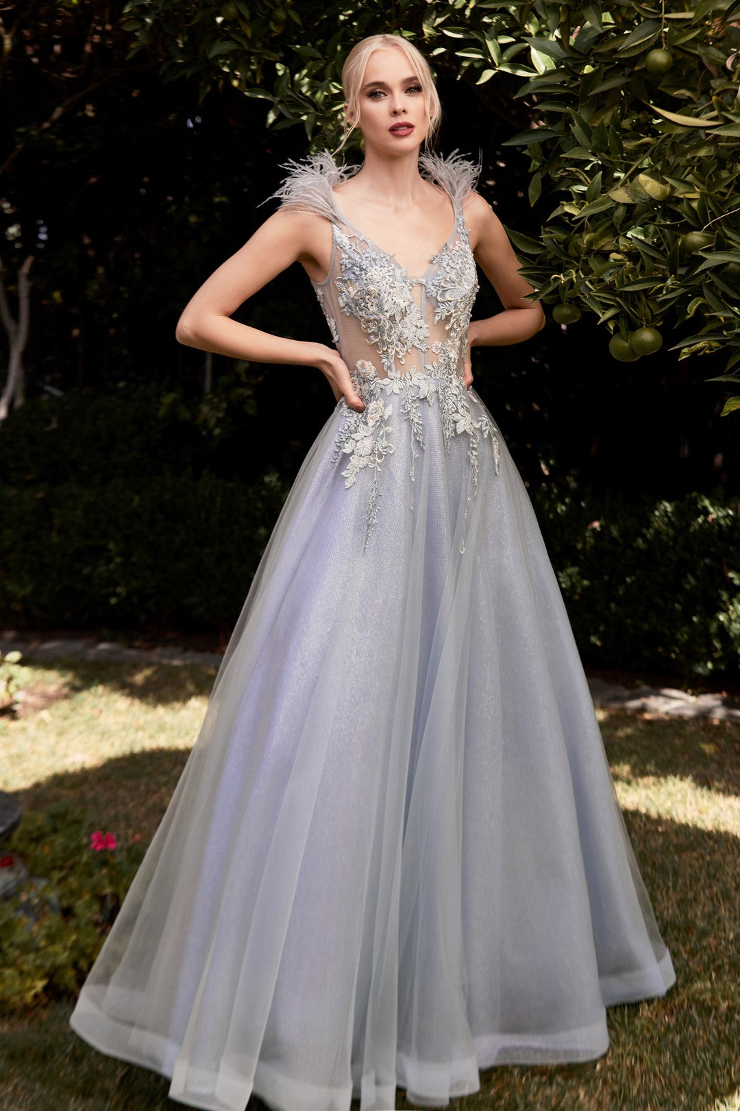 The Alexandra Floral Feather Ball Gown