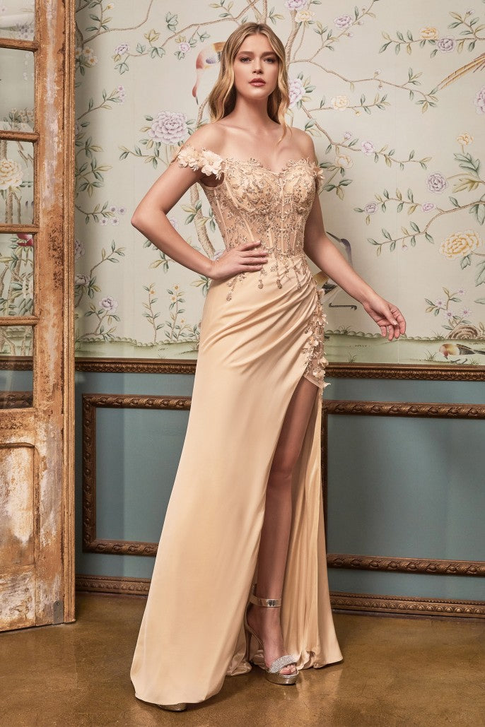 Grecian gathered satin corset gown with deep cut pleated bust cups