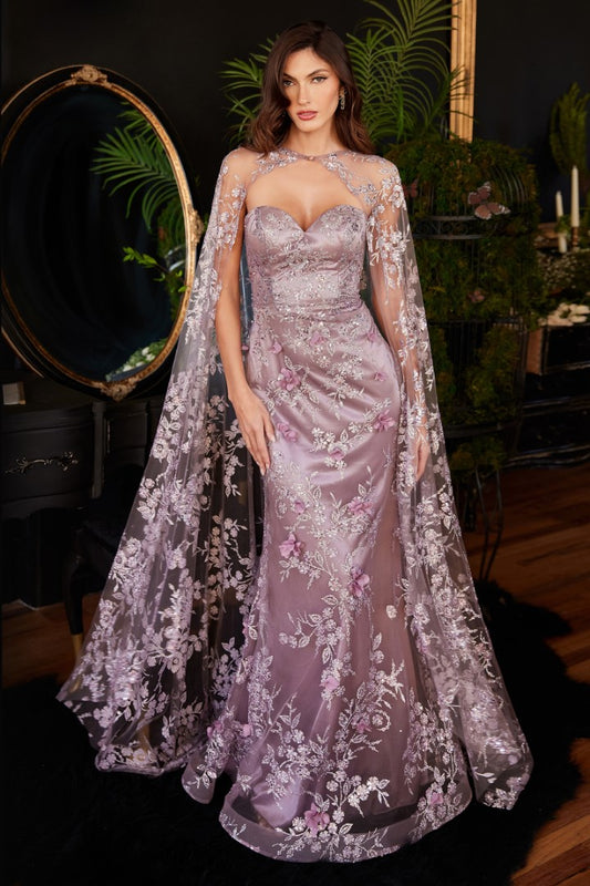 The Francesca Glitter Fitted Strapless Cape Gown